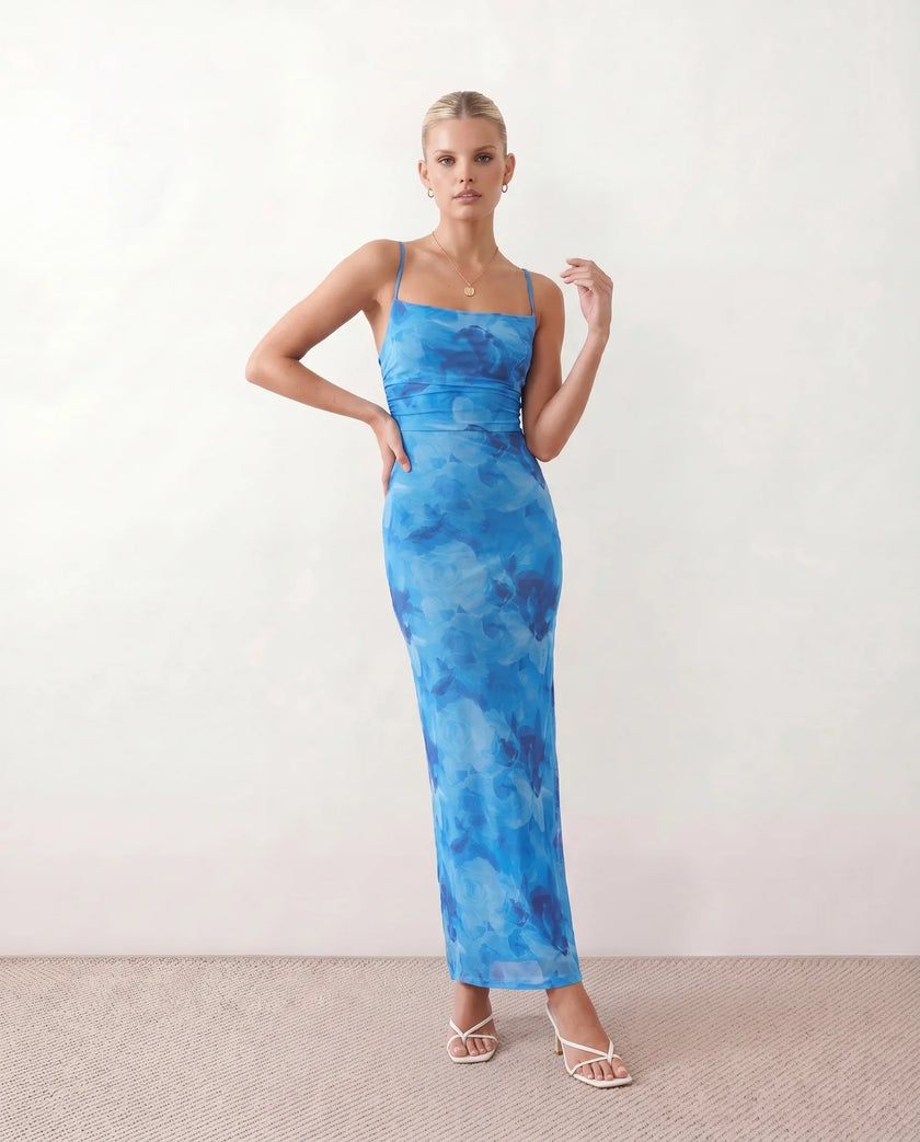 Maxi Dress Women Abstract Print Lace-Up Back Wedding Guest