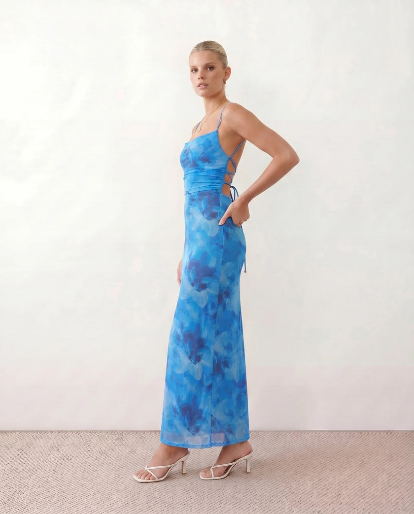 Maxi Dress Women Abstract Print Lace-Up Back Wedding Guest