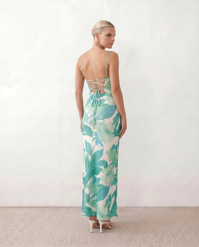 Maxi Dress Women Abstract Print Lace-Up Back Wedding Guest