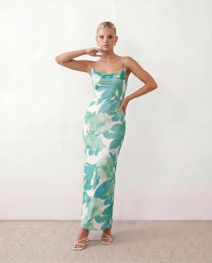 Maxi Dress Women Abstract Print Lace-Up Back Wedding Guest