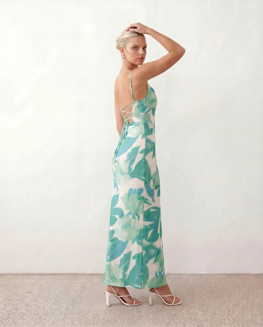 Maxi Dress Women Abstract Print Lace-Up Back Wedding Guest