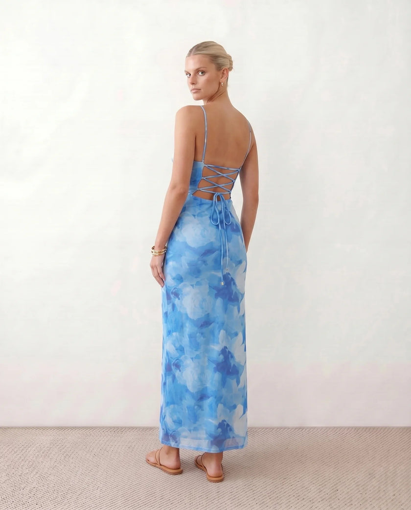 Maxi Dress Women Abstract Print Lace-Up Back Wedding Guest