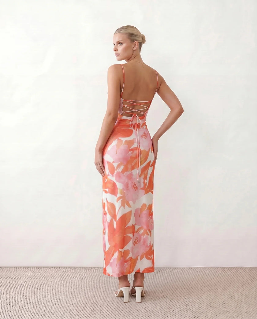 Maxi Dress Women Abstract Print Lace-Up Back Wedding Guest