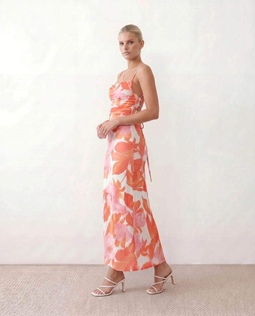 Maxi Dress Women Abstract Print Lace-Up Back Wedding Guest