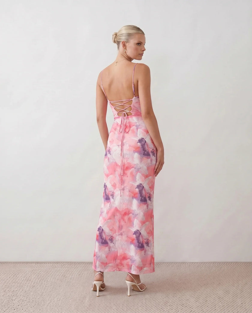 Maxi Dress Women Abstract Print Lace-Up Back Wedding Guest