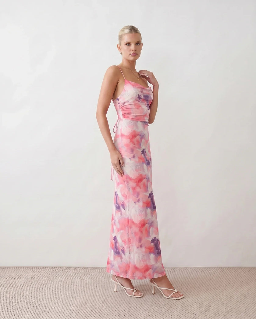 Maxi Dress Women Abstract Print Lace-Up Back Wedding Guest