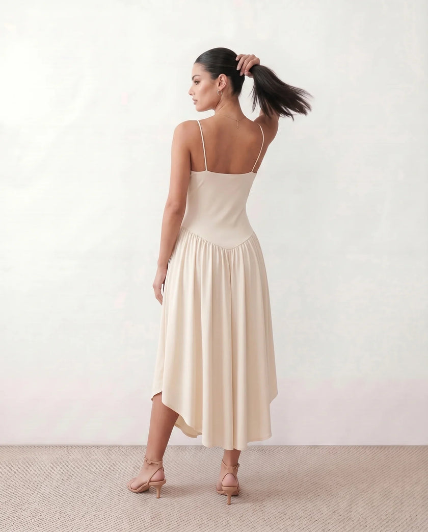 Midi Dress Women Wedding Guest V-Neck Low Back Beige