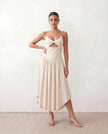 Midi Dress Women Wedding Guest V-Neck Low Back Beige
