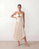 Midi Dress Women Wedding Guest V-Neck Low Back Beige