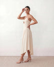 Midi Dress Women Wedding Guest V-Neck Low Back Beige