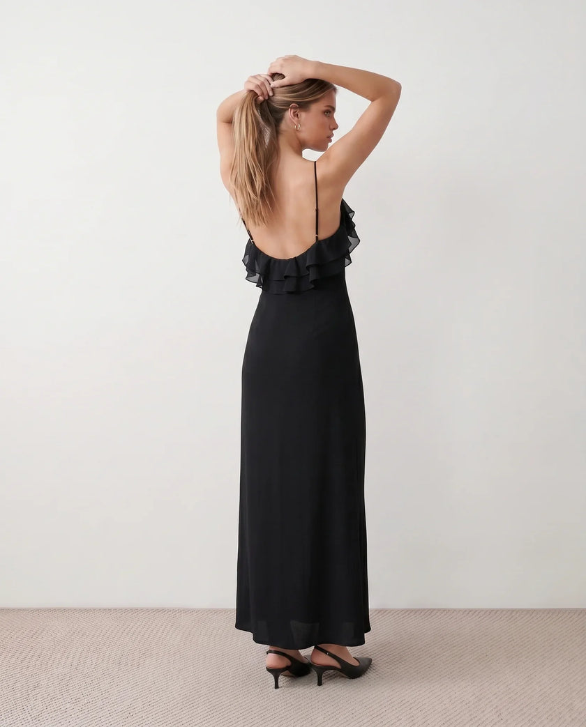 Slip Maxi Dress Women Spaghetti Strap Plunge V-Neck 3D Rose Open Back Cocktail