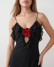 Slip Maxi Dress Women Spaghetti Strap Plunge V-Neck 3D Rose Open Back Cocktail