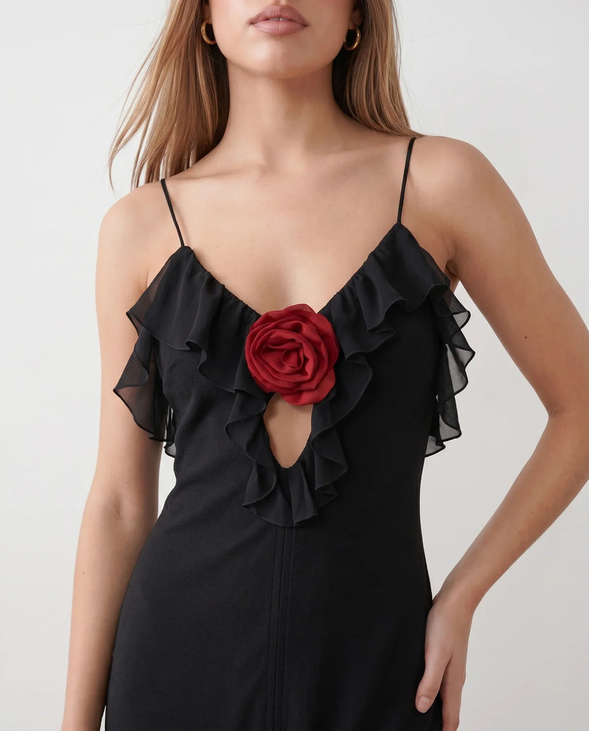 Slip Maxi Dress Women Spaghetti Strap Plunge V-Neck 3D Rose Open Back Cocktail