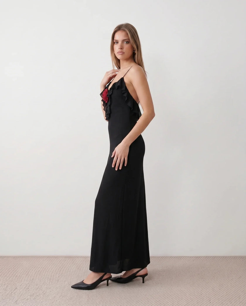 Slip Maxi Dress Women Spaghetti Strap Plunge V-Neck 3D Rose Open Back Cocktail