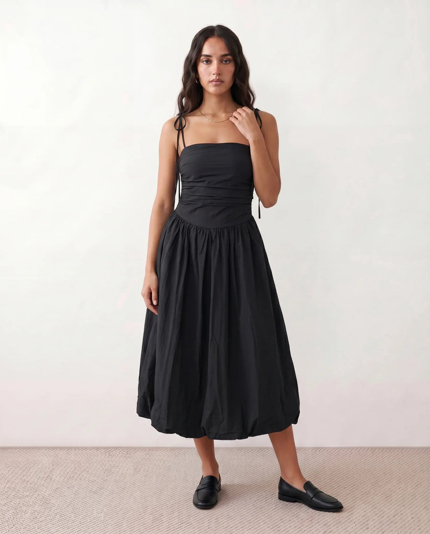 Midi Dress Women Square Neck Spaghetti Strap Low Back A-Line