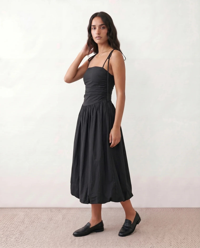 Midi Dress Women Square Neck Spaghetti Strap Low Back A-Line
