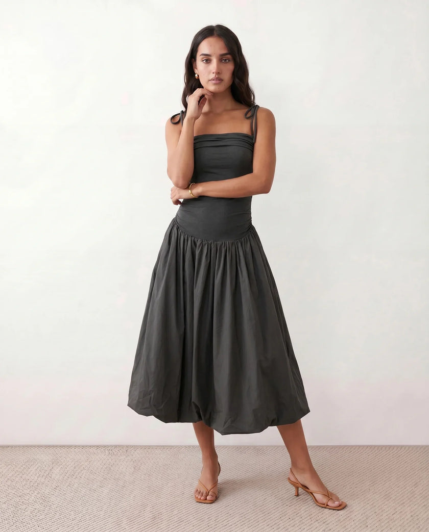 Midi Dress Women Square Neck Spaghetti Strap Low Back A-Line