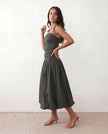 Midi Dress Women Square Neck Spaghetti Strap Low Back A-Line