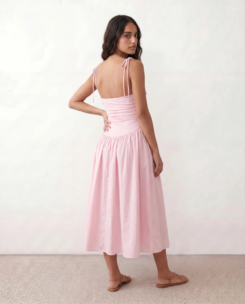 Midi Dress Women Square Neck Spaghetti Strap Low Back A-Line
