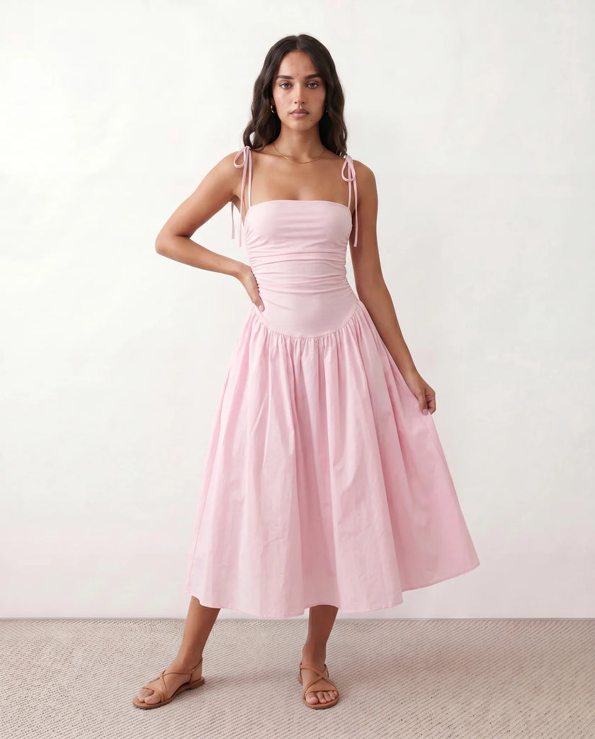 Midi Dress Women Square Neck Spaghetti Strap Low Back A-Line