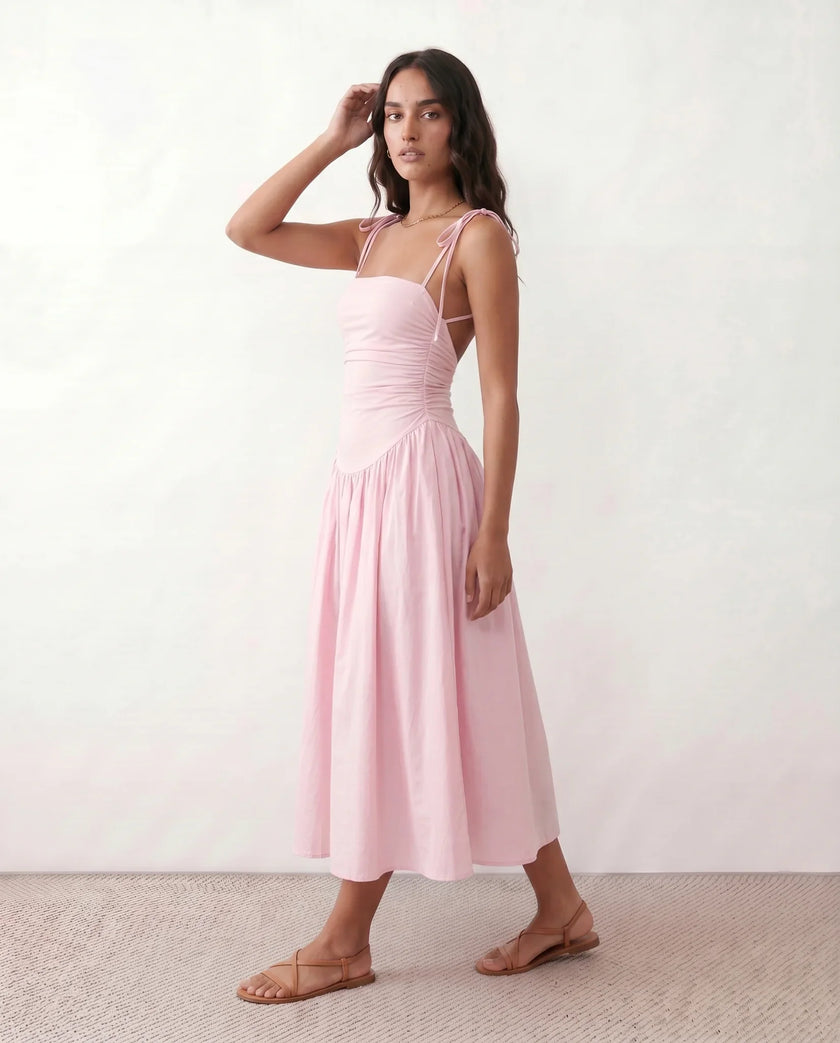 Midi Dress Women Square Neck Spaghetti Strap Low Back A-Line