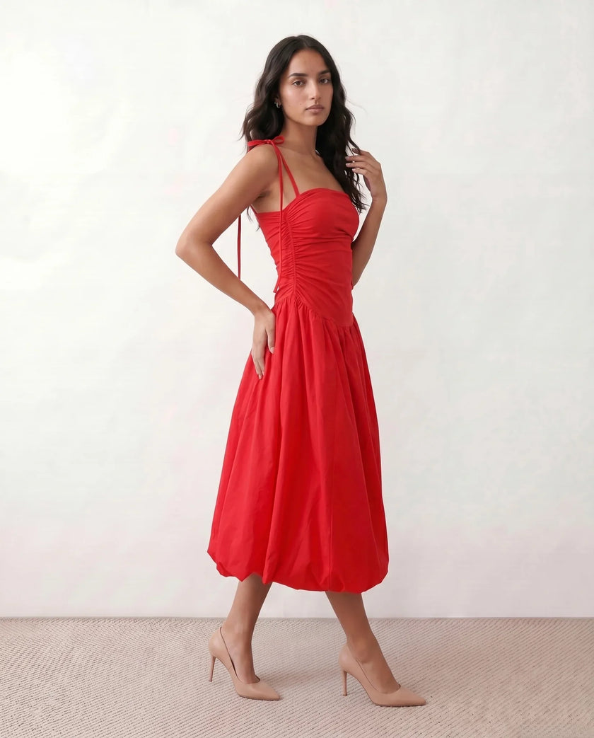 Midi Dress Women Square Neck Spaghetti Strap Low Back A-Line