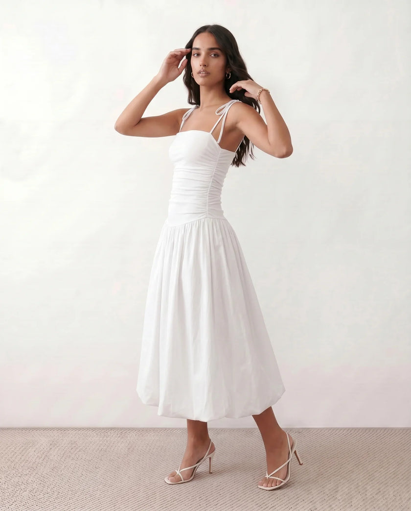 Midi Dress Women Square Neck Spaghetti Strap Low Back A-Line