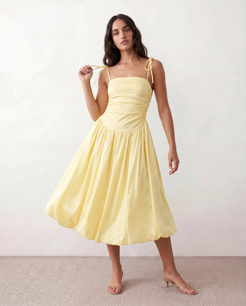 Midi Dress Women Square Neck Spaghetti Strap Low Back A-Line