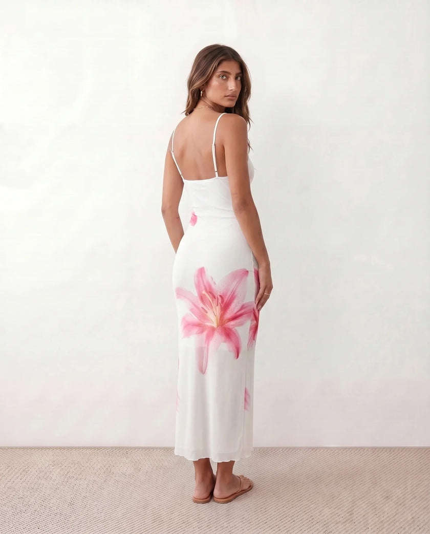 Floral Maxi Dress Women Square Neck Slip Mesh Overlay