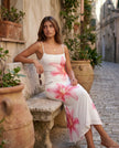 Floral Maxi Dress Women Square Neck Slip Mesh Overlay