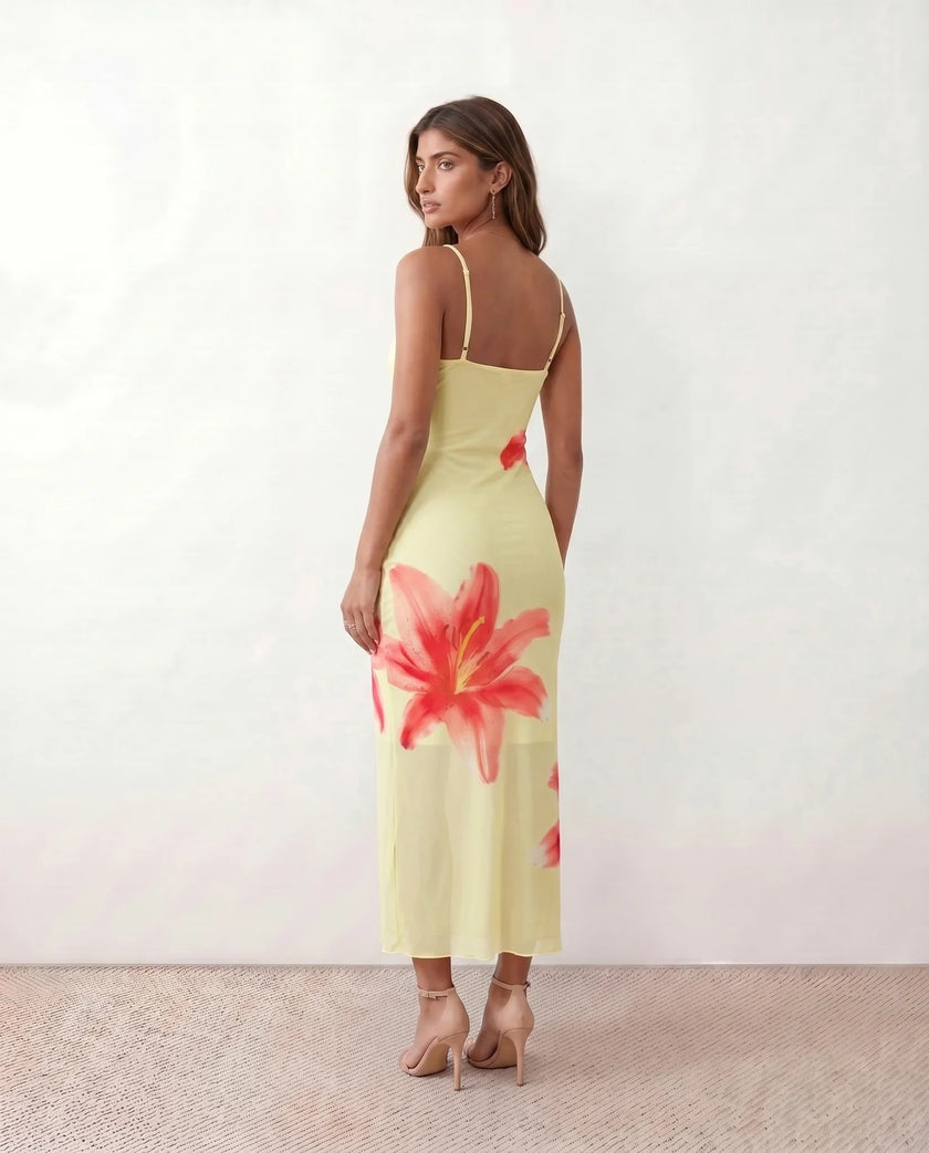 Floral Maxi Dress Women Square Neck Slip Mesh Overlay