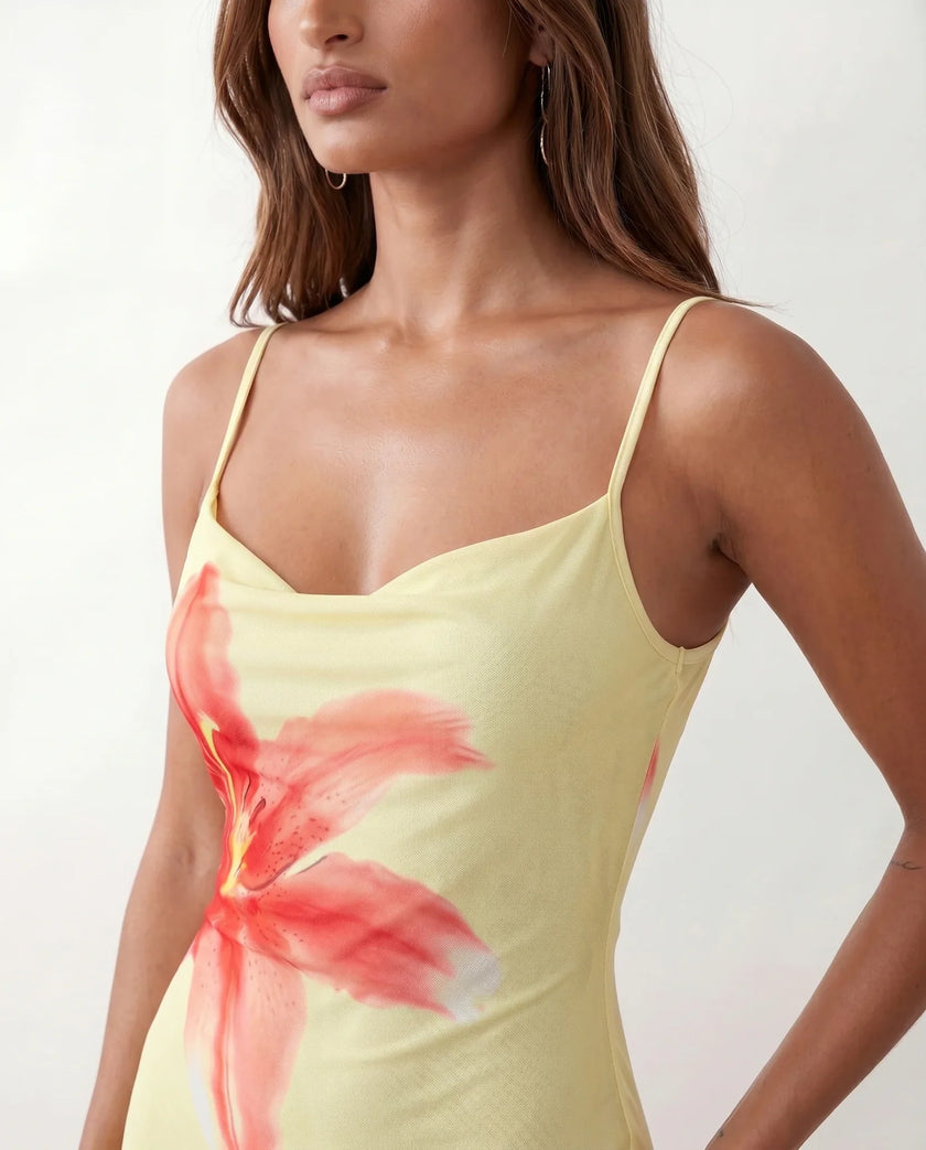 Floral Maxi Dress Women Square Neck Slip Mesh Overlay
