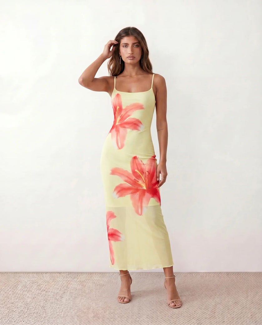 Floral Maxi Dress Women Square Neck Slip Mesh Overlay