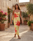 Floral Maxi Dress Women Square Neck Slip Mesh Overlay