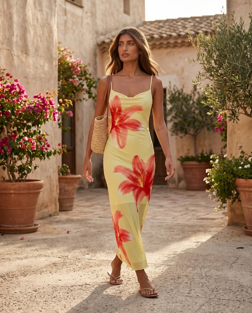 Floral Maxi Dress Women Square Neck Slip Mesh Overlay