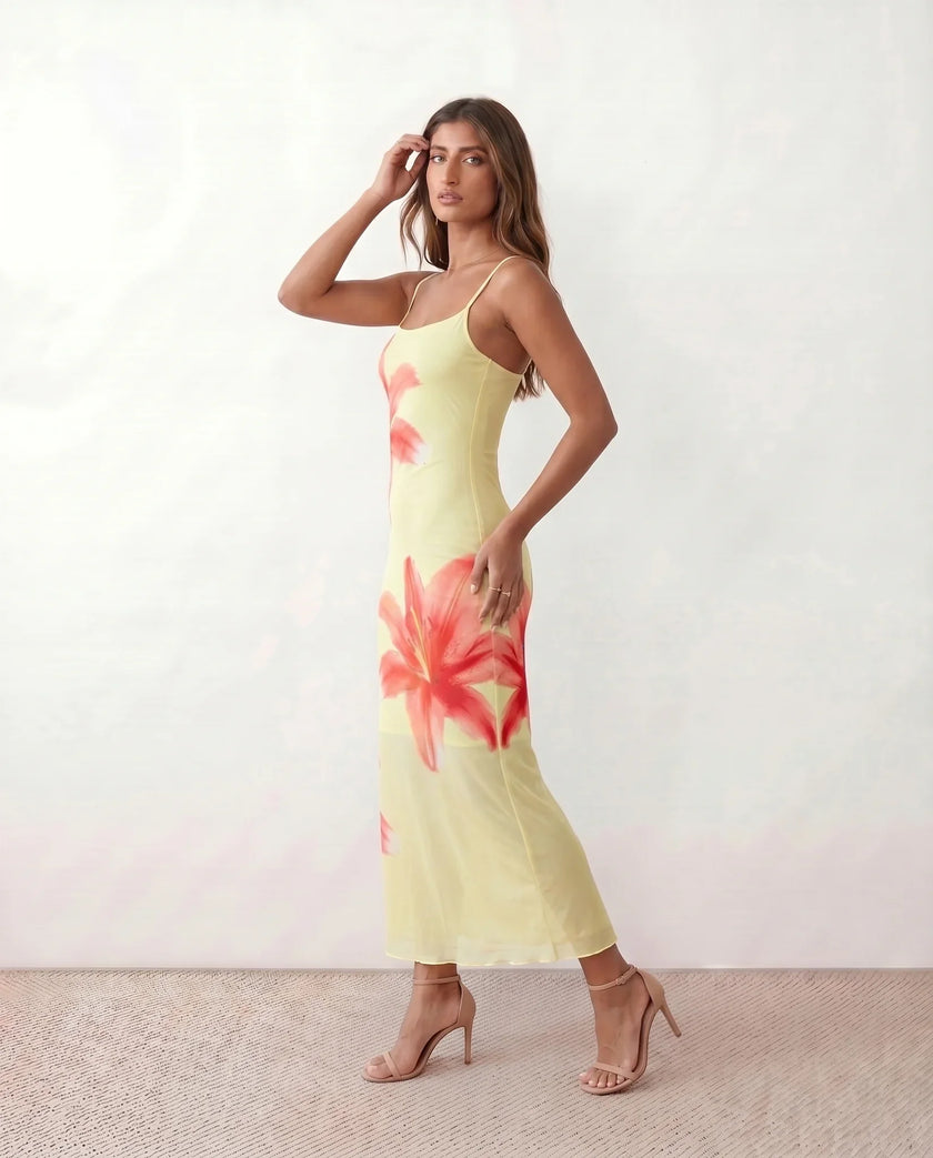 Floral Maxi Dress Women Square Neck Slip Mesh Overlay