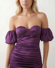 Satin Mini Dress Women Sweetheart Neck Puff Sleeve Ruched Party
