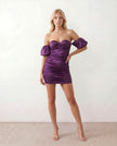 Satin Mini Dress Women Sweetheart Neck Puff Sleeve Ruched Party