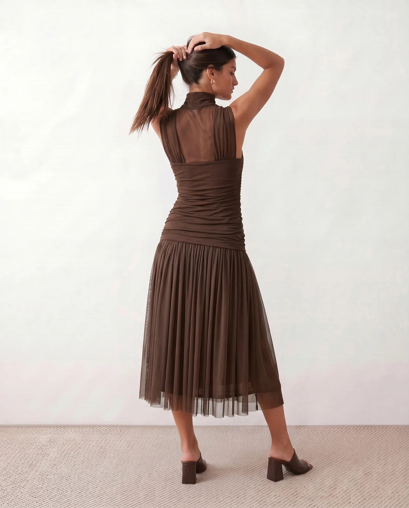 Pleated Mesh Midi Dress Women Mock Neck Drop Waist Sleeveless
