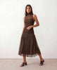 Pleated Mesh Midi Dress Women Mock Neck Drop Waist Sleeveless