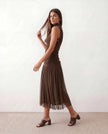 Pleated Mesh Midi Dress Women Mock Neck Drop Waist Sleeveless