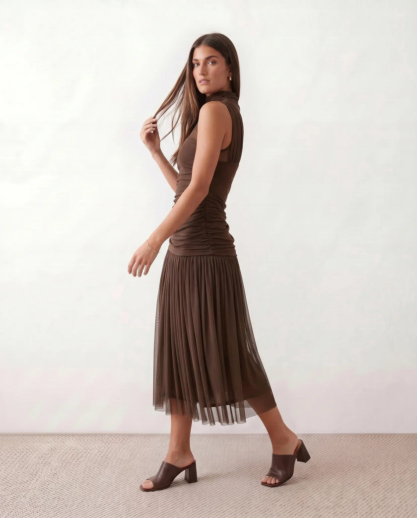 Pleated Mesh Midi Dress Women Mock Neck Drop Waist Sleeveless