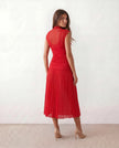 Pleated Mesh Midi Dress Women Mock Neck Drop Waist Sleeveless