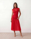 Pleated Mesh Midi Dress Women Mock Neck Drop Waist Sleeveless