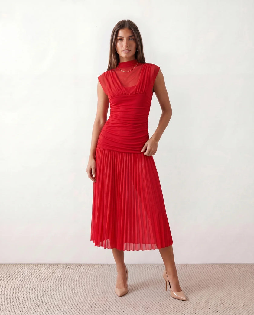 Pleated Mesh Midi Dress Women Mock Neck Drop Waist Sleeveless
