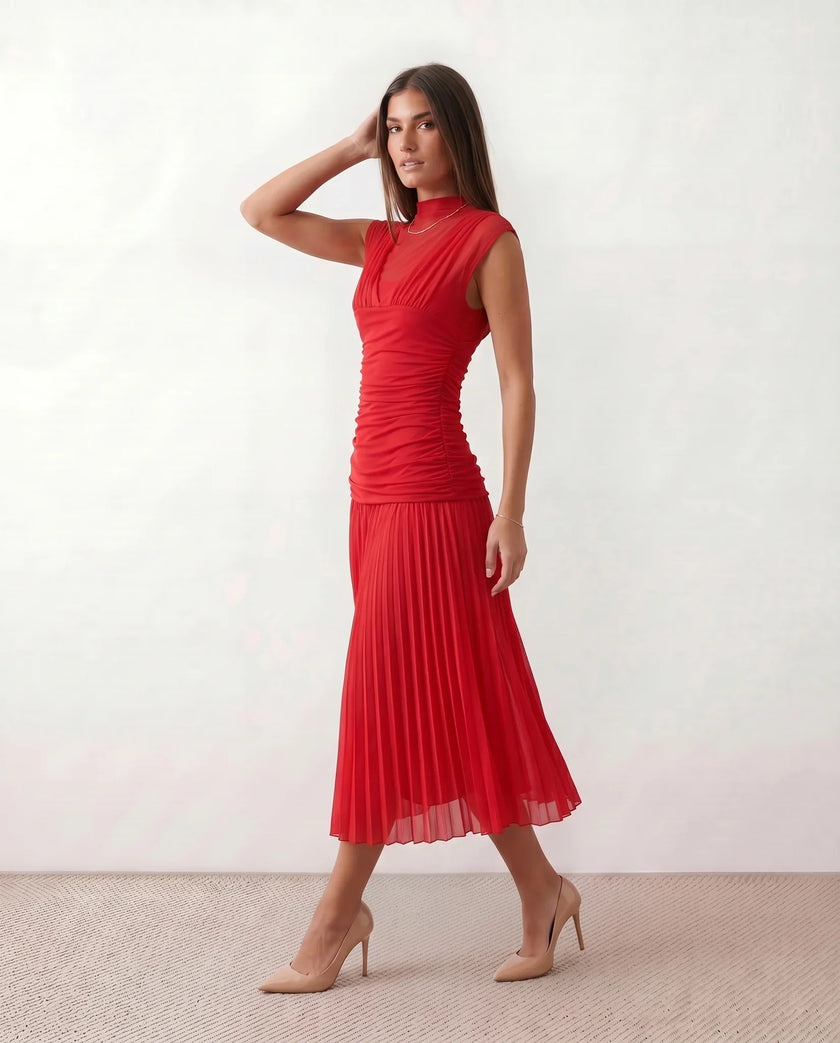 Pleated Mesh Midi Dress Women Mock Neck Drop Waist Sleeveless
