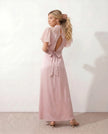 Maxi Dress Women Mock Neck Flutter Sleeve Open Back A-Line Pink Wedding Guest