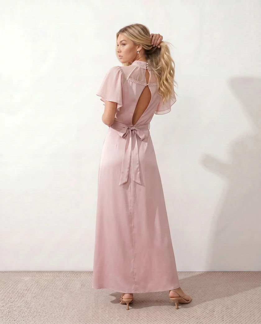 Maxi Dress Women Mock Neck Flutter Sleeve Open Back A-Line Pink Wedding Guest