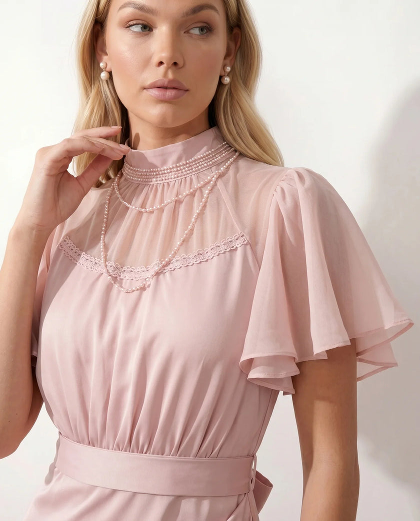 Maxi Dress Women Mock Neck Flutter Sleeve Open Back A-Line Pink Wedding Guest