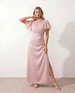 Maxi Dress Women Mock Neck Flutter Sleeve Open Back A-Line Pink Wedding Guest